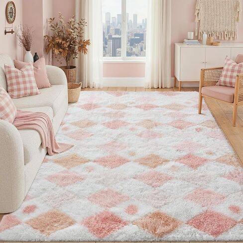 سجادة منطقة غرفة المعيشة مقاس 8 × 10، قابلة للغسل وغير قابلة للانزلاق، محايدة وناعمة لغرفة النوم، سجادة مربعات باللونين الأبيض والأسود، منفوش عصري، غامق، داخلي كبير، جمالي للمنزل والمكتب وغرفة اللعب والحضانة in Kuwait