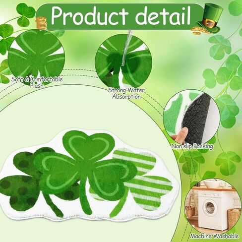 FEBSNOW Happy St. Patrick's Day Green Shamrock Bathroom Rug, Lucky Shamrocks Washable Decorative Doormat, Shamrock Doormat Soft Cashmere Imitation Absorbent Shower Mat with Non Slip for Living Room in Saudi Arabia