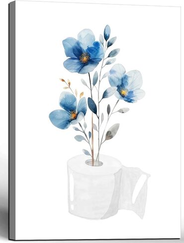 Framed bathroom canvas wall art with blue flowers embellishing toilet paper; elegant floral bathroom decorative painting for living room and bedroom; gallery style; 12x16 inches; can be hung directly. in Saudi Arabia