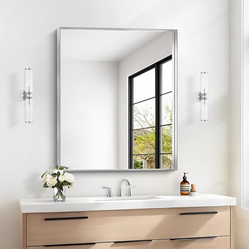 مرآة حمام فضية، مرآة بإطار مستطيل مقاس 30 × 36 بوصة، مرآة زينة كبيرة للحمام مثبتة على الحائط فوق الحوض لغرفة النوم والحمام وغرفة المعيشة، يتم تعليقها عموديًا أو أفقيًا in Kuwait
