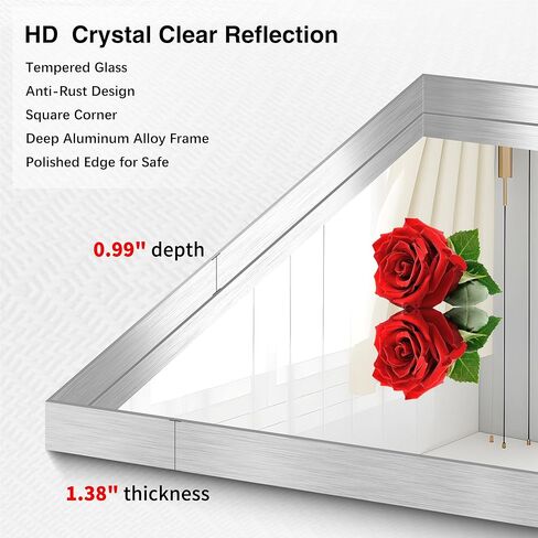 مرآة حمام فضية، مرآة بإطار مستطيل مقاس 30 × 36 بوصة، مرآة زينة كبيرة للحمام مثبتة على الحائط فوق الحوض لغرفة النوم والحمام وغرفة المعيشة، يتم تعليقها عموديًا أو أفقيًا in Kuwait