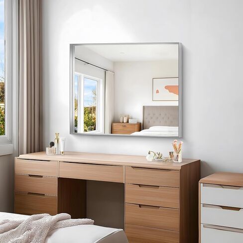 مرآة حمام فضية، مرآة بإطار مستطيل مقاس 30 × 36 بوصة، مرآة زينة كبيرة للحمام مثبتة على الحائط فوق الحوض لغرفة النوم والحمام وغرفة المعيشة، يتم تعليقها عموديًا أو أفقيًا in Kuwait