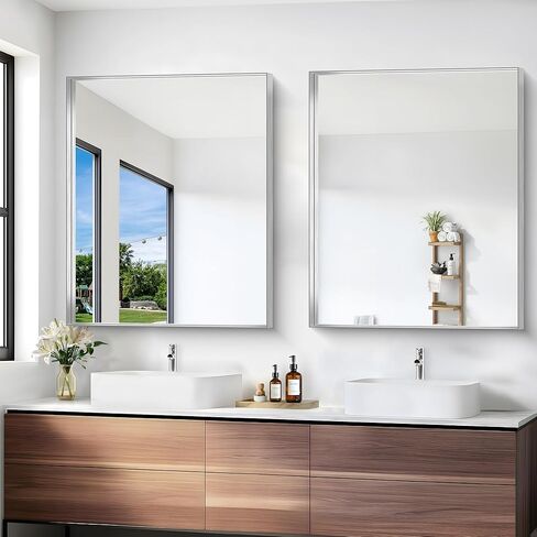 مرآة حمام فضية، مرآة بإطار مستطيل مقاس 30 × 36 بوصة، مرآة زينة كبيرة للحمام مثبتة على الحائط فوق الحوض لغرفة النوم والحمام وغرفة المعيشة، يتم تعليقها عموديًا أو أفقيًا in Kuwait