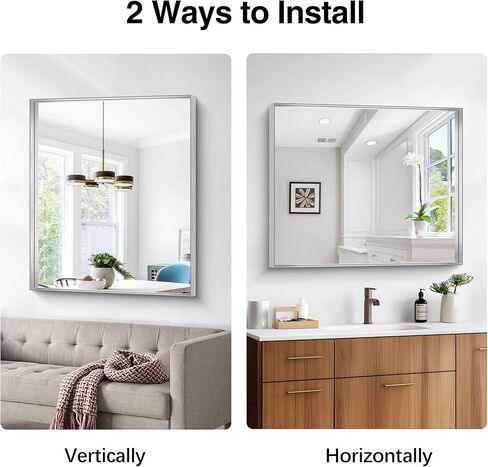 مرآة حمام فضية، مرآة بإطار مستطيل مقاس 30 × 36 بوصة، مرآة زينة كبيرة للحمام مثبتة على الحائط فوق الحوض لغرفة النوم والحمام وغرفة المعيشة، يتم تعليقها عموديًا أو أفقيًا in Kuwait