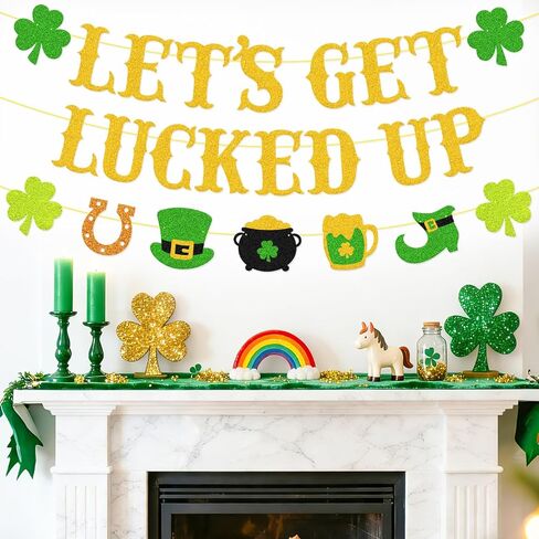 لافتة Let's Get Lucky Up ديكورات عيد القديس باتريك - إكليل من نبات النفل المزخرف مسبقًا وقابل للتعديل بطابع اليوم الأيرلندي لمستلزمات حفلات عيد القديس باتريك in Kuwait