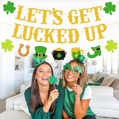 لافتة Let's Get Lucky Up ديكورات عيد القديس باتريك - إكليل من نبات النفل المزخرف مسبقًا وقابل للتعديل بطابع اليوم الأيرلندي لمستلزمات حفلات عيد القديس باتريك in Kuwait