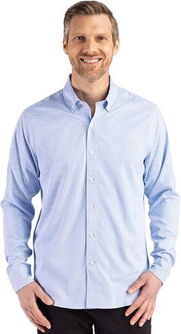 Cutter & Buck Skyline Epic Confidence Recycled Gingham Mens Big & Tall Long Sleeve Dress Shirt, Tour Blue/White, XLT in Saudi Arabia