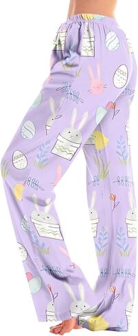 Women Pajama Pants Easter Rabbits Tulips Pink Lounge Comfy Bottom Drawstring Sleepwear Long Pajamas in Saudi Arabia