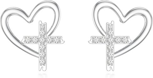 Diamond Heart Cross Stud Earrings for Women 925 Sterling Silver 0.13 CTTW Lab Grown Diamond Earrings Jewelry Gifts for Mom Wife Girlfriend Daughter Sister in Saudi Arabia