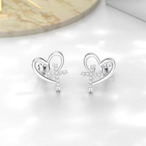 Diamond Heart Cross Stud Earrings for Women 925 Sterling Silver 0.13 CTTW Lab Grown Diamond Earrings Jewelry Gifts for Mom Wife Girlfriend Daughter Sister in Saudi Arabia