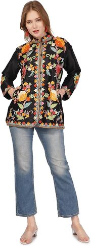 BATIN Short Kashmiri Embroidery Silk Jacket, Kashmiri Jacket for Women, Floral Embroidered Coat, Multicolour Short Coat in Saudi Arabia