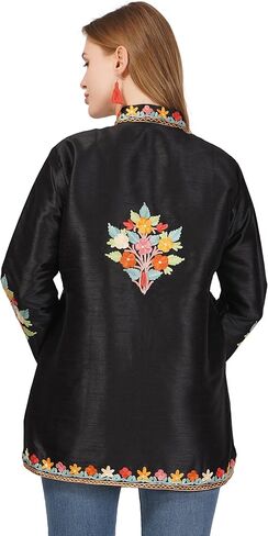 BATIN Short Kashmiri Embroidery Silk Jacket, Kashmiri Jacket for Women, Floral Embroidered Coat, Multicolour Short Coat in Saudi Arabia