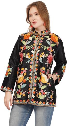 BATIN Short Kashmiri Embroidery Silk Jacket, Kashmiri Jacket for Women, Floral Embroidered Coat, Multicolour Short Coat in Saudi Arabia
