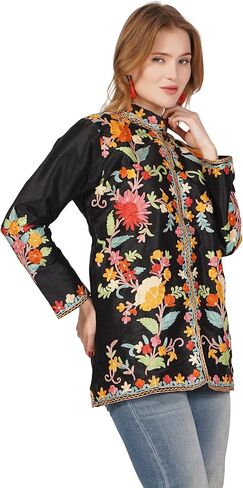 BATIN Short Kashmiri Embroidery Silk Jacket, Kashmiri Jacket for Women, Floral Embroidered Coat, Multicolour Short Coat in Saudi Arabia