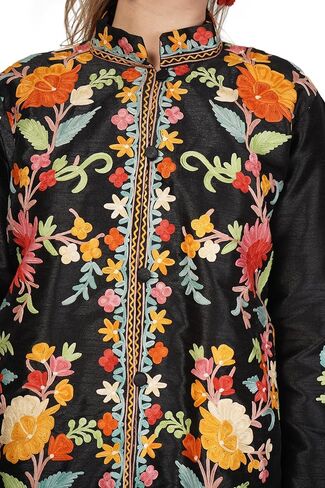 BATIN Short Kashmiri Embroidery Silk Jacket, Kashmiri Jacket for Women, Floral Embroidered Coat, Multicolour Short Coat in Saudi Arabia