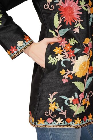 BATIN Short Kashmiri Embroidery Silk Jacket, Kashmiri Jacket for Women, Floral Embroidered Coat, Multicolour Short Coat in Saudi Arabia