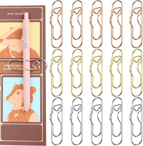 15 مشبك قلم معدني باللون الذهبي/الفضي/الذهبي الوردي، حوامل أقلام بمشبك ورق - على شكل قلب، كنز للعاملين في المكاتب لأجهزة الكمبيوتر المحمولة والمجلات والمستندات والاستخدام اليومي للكتابة in Kuwait