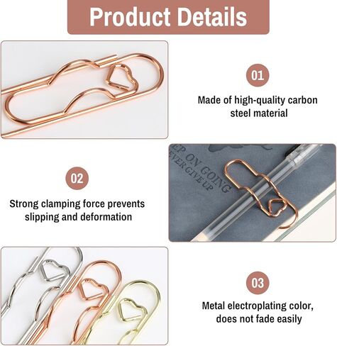 15 مشبك قلم معدني باللون الذهبي/الفضي/الذهبي الوردي، حوامل أقلام بمشبك ورق - على شكل قلب، كنز للعاملين في المكاتب لأجهزة الكمبيوتر المحمولة والمجلات والمستندات والاستخدام اليومي للكتابة in Kuwait