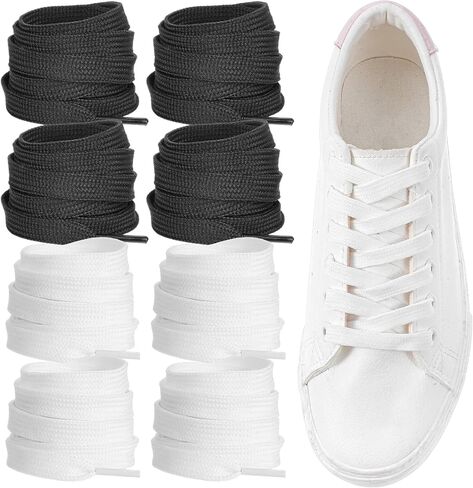 Xindojuz 4 Pairs Flat Shoe Laces for Sneakers, Cotton Elastic Athletic Kids Converse High Tops and Low Top Shoe laces for Kids and Adults Women Men Toddler in 140 × 1 cm String (Black, White) in Saudi Arabia