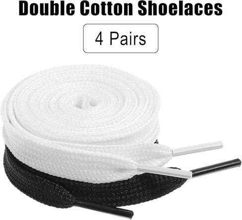 Xindojuz 4 Pairs Flat Shoe Laces for Sneakers, Cotton Elastic Athletic Kids Converse High Tops and Low Top Shoe laces for Kids and Adults Women Men Toddler in 140 × 1 cm String (Black, White) in Saudi Arabia