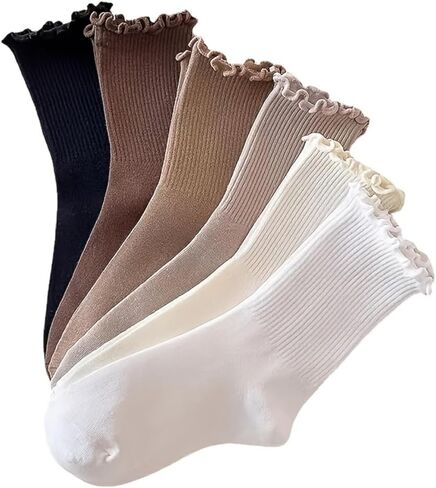 6 Pairs Of Ruffle Socks Women, Soft Stacked Stripes Texture Cute Ruffle Ankle Socks Solid Color And Comfortable in Saudi Arabia