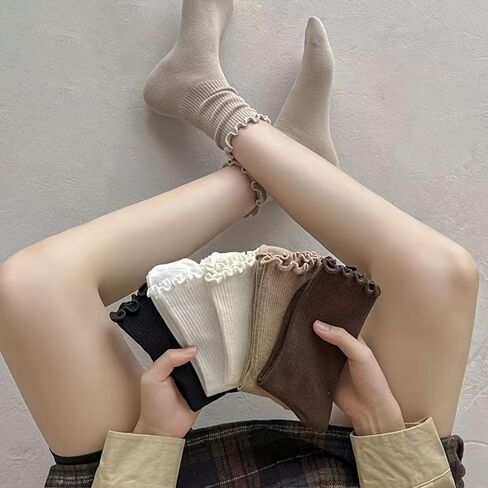 6 Pairs Of Ruffle Socks Women, Soft Stacked Stripes Texture Cute Ruffle Ankle Socks Solid Color And Comfortable in Saudi Arabia
