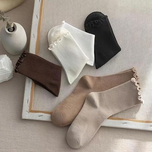 6 Pairs Of Ruffle Socks Women, Soft Stacked Stripes Texture Cute Ruffle Ankle Socks Solid Color And Comfortable in Saudi Arabia