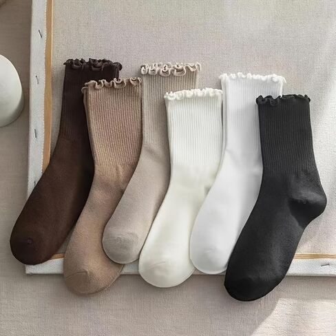 6 Pairs Of Ruffle Socks Women, Soft Stacked Stripes Texture Cute Ruffle Ankle Socks Solid Color And Comfortable in Saudi Arabia