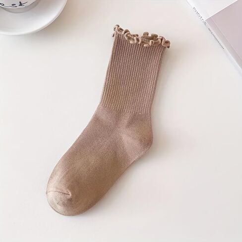 6 Pairs Of Ruffle Socks Women, Soft Stacked Stripes Texture Cute Ruffle Ankle Socks Solid Color And Comfortable in Saudi Arabia