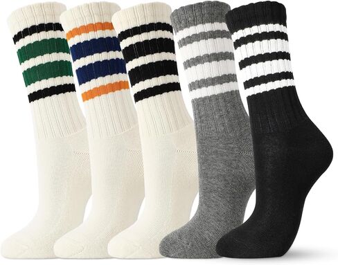 5 Pairs Retro Striped Crew Socks, Cotton Stretchy Calf Socks with Terry Cloth Bottom for Women Causual Sports Athletic Running Sock Size 6-9 in Saudi Arabia