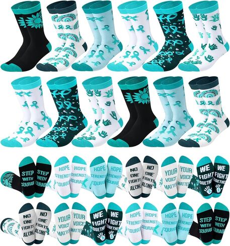 12 Pairs Sexual Assault Awareness Month Socks Bulk Teal Ribbon Unisex Crew Socks for Women Men Saam Charity Event Supplies Support Gifts in Saudi Arabia