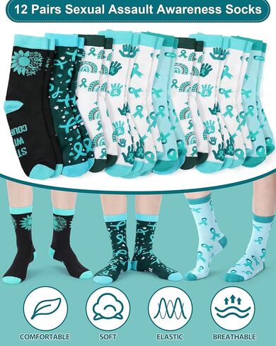 12 Pairs Sexual Assault Awareness Month Socks Bulk Teal Ribbon Unisex Crew Socks for Women Men Saam Charity Event Supplies Support Gifts in Saudi Arabia