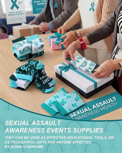 12 Pairs Sexual Assault Awareness Month Socks Bulk Teal Ribbon Unisex Crew Socks for Women Men Saam Charity Event Supplies Support Gifts in Saudi Arabia
