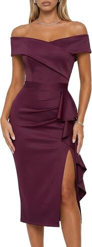 Women's Off The Shoulder Formal Evening Midi Dress Built-in Bra Bodycon Ruched Slit Elegant Holiday Cocktail Party in Saudi Arabia