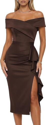 Women's Off The Shoulder Formal Evening Midi Dress Built-in Bra Bodycon Ruched Slit Elegant Holiday Cocktail Party in Saudi Arabia