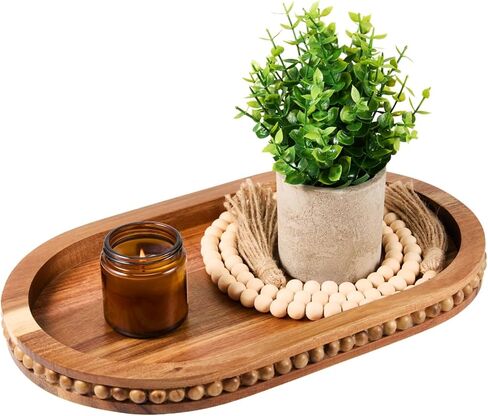 صينية ديكور من خشب السنط لطاولة القهوة المركزية - صينية تقديم خشبية بيضاوية الشكل من الخرز لديكور منزل المزرعة، ديكور طاولة غرفة المعيشة الريفية لزينة الحمام أو طاولة المطبخ in Saudi Arabia