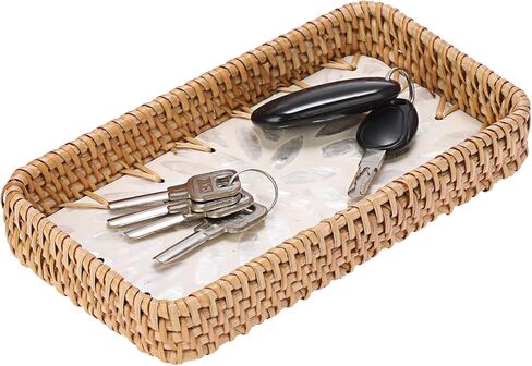 سلة مفاتيح مزخرفة للمدخل، صينية صغيرة منسوجة يدويًا من الخيزران، صينية حامل مفاتيح مستطيلة، منظم سلة خوص لمفاتيح التحكم عن بعد، أبيض in Kuwait