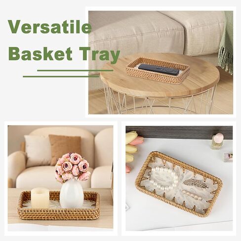 سلة مفاتيح مزخرفة للمدخل، صينية صغيرة منسوجة يدويًا من الخيزران، صينية حامل مفاتيح مستطيلة، منظم سلة خوص لمفاتيح التحكم عن بعد، أبيض in Kuwait