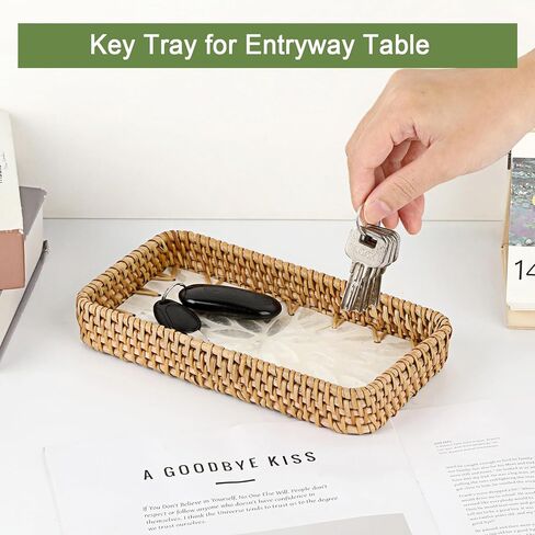 سلة مفاتيح مزخرفة للمدخل، صينية صغيرة منسوجة يدويًا من الخيزران، صينية حامل مفاتيح مستطيلة، منظم سلة خوص لمفاتيح التحكم عن بعد، أبيض in Kuwait