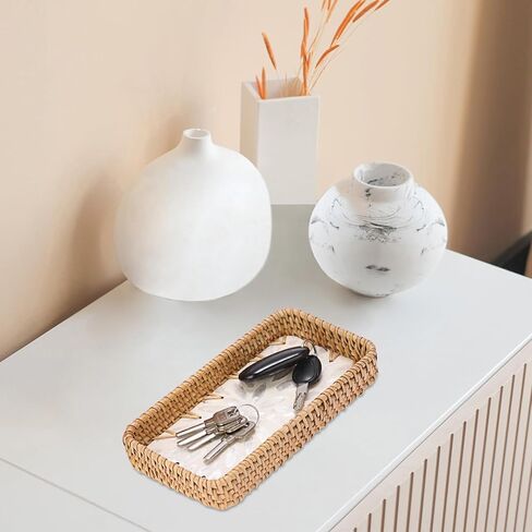 سلة مفاتيح مزخرفة للمدخل، صينية صغيرة منسوجة يدويًا من الخيزران، صينية حامل مفاتيح مستطيلة، منظم سلة خوص لمفاتيح التحكم عن بعد، أبيض in Kuwait