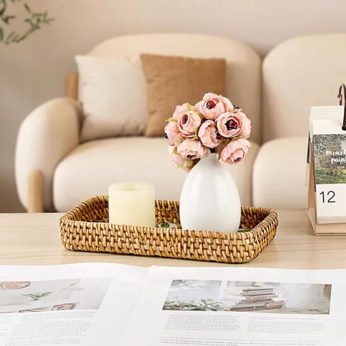 سلة مفاتيح مزخرفة للمدخل، صينية صغيرة منسوجة يدويًا من الخيزران، صينية حامل مفاتيح مستطيلة، منظم سلة خوص لمفاتيح التحكم عن بعد، أبيض in Kuwait