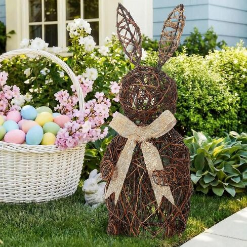 Thyle 15.7 Inch Easter Wicker Bunny Decor Large Rattan Bunny with Linen Bow Woven Outdoor Wicker Topiary Rabbit Decoration for Porch Table Spring Home Farmhouse Kitchen in Saudi Arabia