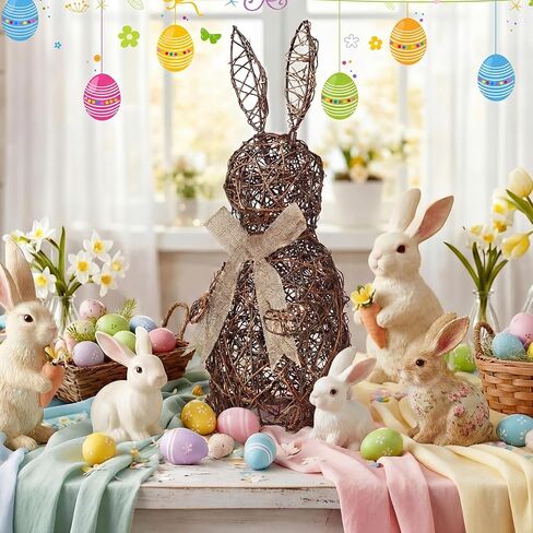 Thyle 15.7 Inch Easter Wicker Bunny Decor Large Rattan Bunny with Linen Bow Woven Outdoor Wicker Topiary Rabbit Decoration for Porch Table Spring Home Farmhouse Kitchen in Saudi Arabia