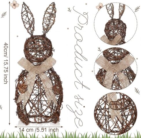 Thyle 15.7 Inch Easter Wicker Bunny Decor Large Rattan Bunny with Linen Bow Woven Outdoor Wicker Topiary Rabbit Decoration for Porch Table Spring Home Farmhouse Kitchen in Saudi Arabia