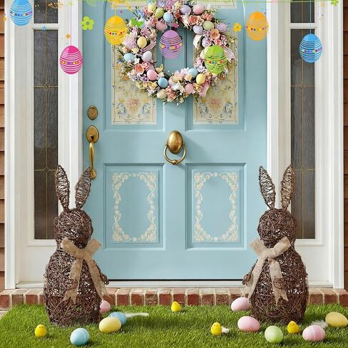 Thyle 15.7 Inch Easter Wicker Bunny Decor Large Rattan Bunny with Linen Bow Woven Outdoor Wicker Topiary Rabbit Decoration for Porch Table Spring Home Farmhouse Kitchen in Saudi Arabia