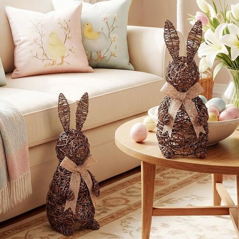 Thyle 15.7 Inch Easter Wicker Bunny Decor Large Rattan Bunny with Linen Bow Woven Outdoor Wicker Topiary Rabbit Decoration for Porch Table Spring Home Farmhouse Kitchen in Saudi Arabia