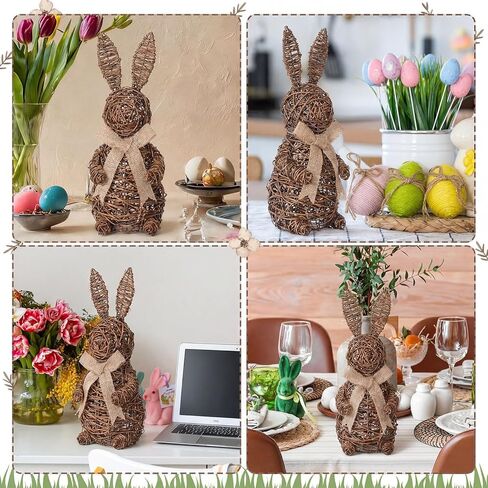 Thyle 15.7 Inch Easter Wicker Bunny Decor Large Rattan Bunny with Linen Bow Woven Outdoor Wicker Topiary Rabbit Decoration for Porch Table Spring Home Farmhouse Kitchen in Saudi Arabia