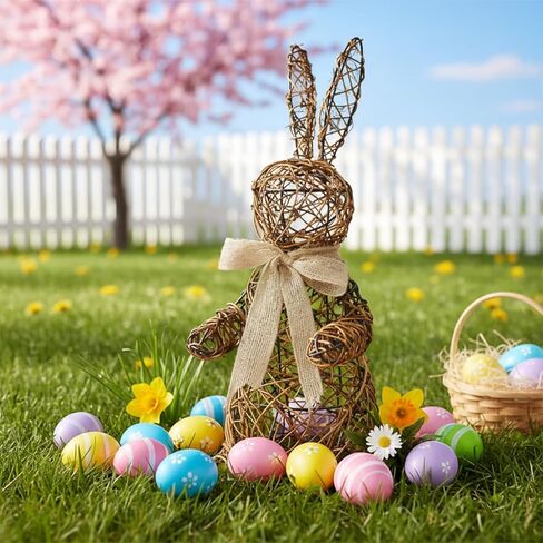Thyle 15.7 Inch Easter Wicker Bunny Decor Large Rattan Bunny with Linen Bow Woven Outdoor Wicker Topiary Rabbit Decoration for Porch Table Spring Home Farmhouse Kitchen in Saudi Arabia
