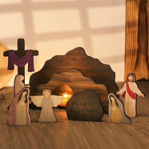 miikoul مشهد عيد الفصح القبر الفارغ والديكور المتقاطع، 9 قطع خشبية مشهد القيامة عيد الفصح، التماثيل لديكور عيد الفصح يسوع مشهد المهد للدين، مكتب المنزل، الكنيسة، ديكور الرف in Kuwait