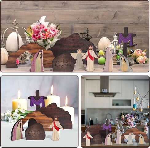 miikoul مشهد عيد الفصح القبر الفارغ والديكور المتقاطع، 9 قطع خشبية مشهد القيامة عيد الفصح، التماثيل لديكور عيد الفصح يسوع مشهد المهد للدين، مكتب المنزل، الكنيسة، ديكور الرف in Kuwait